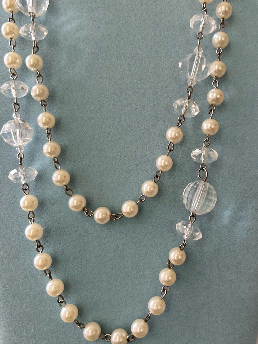 Faux Pearl and Clear Crystal plastic Bead Long Necklace White 25” single strand